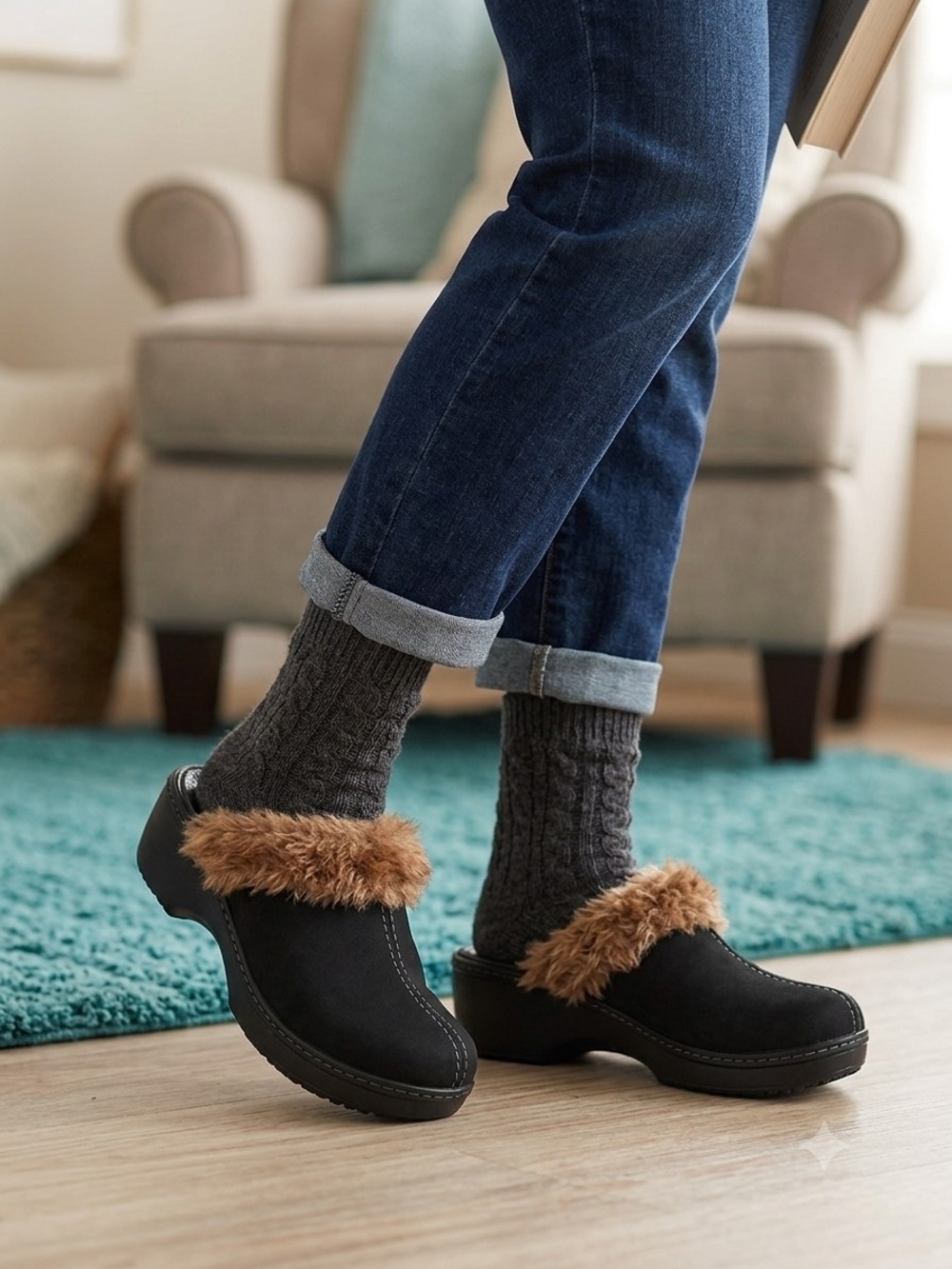 Cozy Faux-Fur Trim Black Clog - Women's Comfort Slip-On